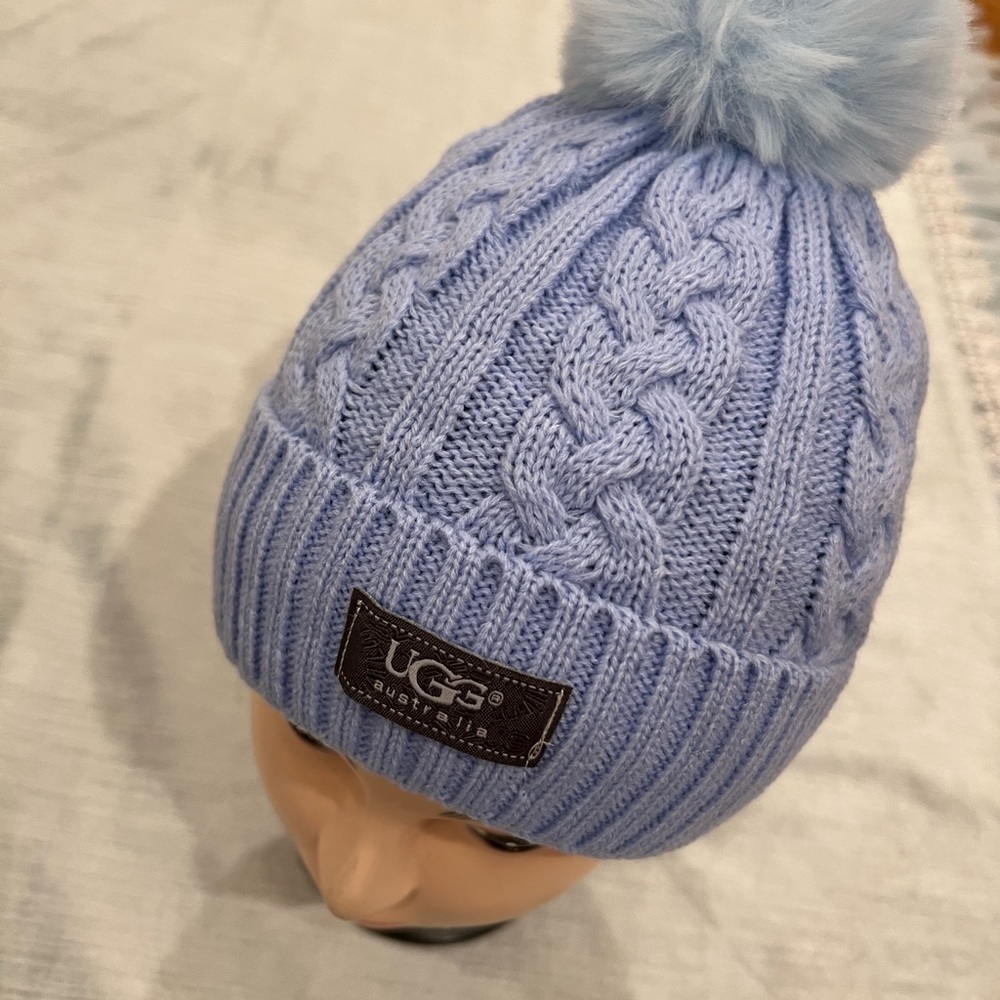 UGG Kids Light Blue Cable Knit Hat with Pom-Pom